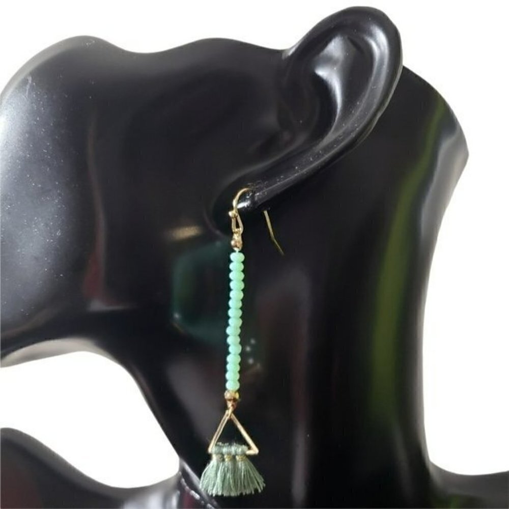 Womens Mint Green Tassel Triangle Trapeze Rondelle Drop French Hook Earrings